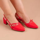 Sapato Feminino Slingback Scarpin Social Tiras Fivela Bico Fino Verniz Salto Baixo Bloco Confortável Boho