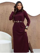 Vestido Feminino Lanzinha Premium Longo Tricot Canelado Malha la Grossa com Fenda Lateral